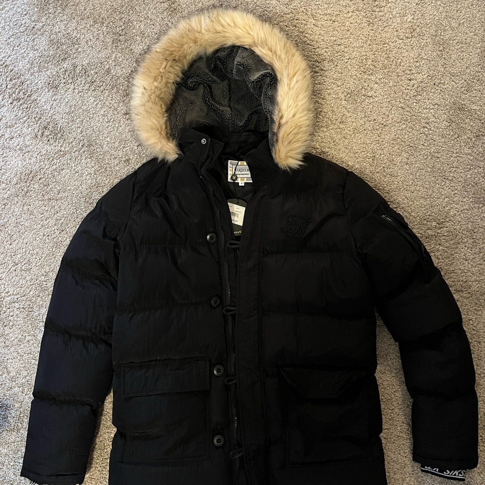 Men's Black Puffer Jacket with Fur Trim